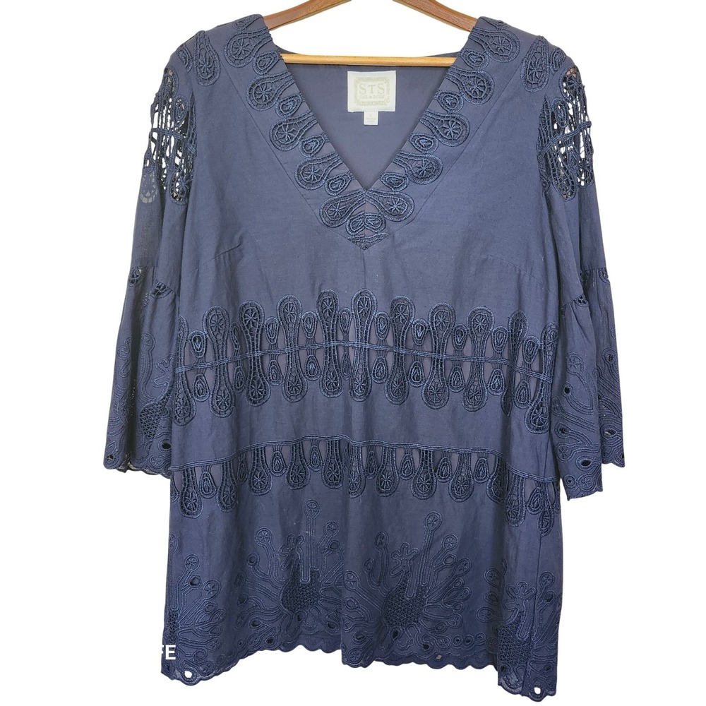 Sail to Sable STS Navy Blue Eyelet Lace Bell Sleeve Tunic Top Large Coastal Boho